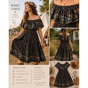 Elings Floral Off-Shoulder Smocked Waist Mini Dress Women L Black Boho Summer‎